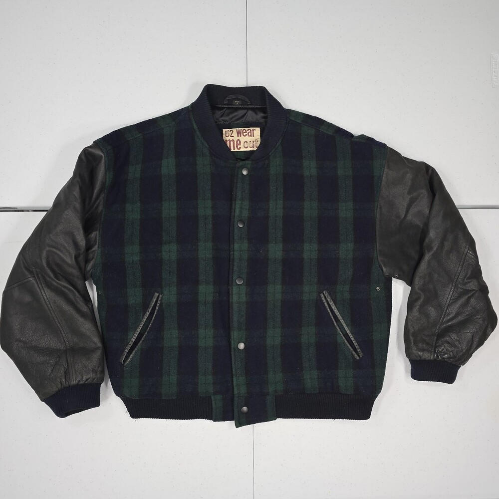 Vintage 90s U2 Wear Me Out Men M Plaid Wool/Black Leather Bomber Jacket Rare